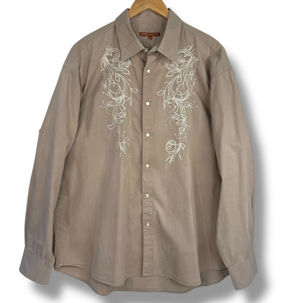 ACORN Bob Goldfeder Mens Pearl Snap Long Sleeve Shirt Embroidered Tan Beige XXL